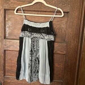 Vtg At Last Gray Black Lace Babydoll Tank Top Sz M Whimsy Goth Fairy Beaded Y2K